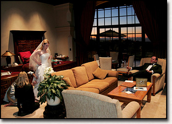 Groom waits for bride to get ready